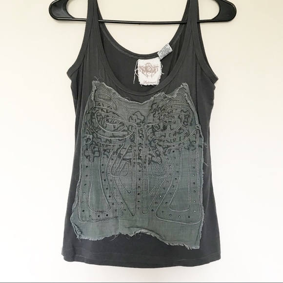 Lulumari Tops - Lulumari Gray Graphic Embellished Tank Top